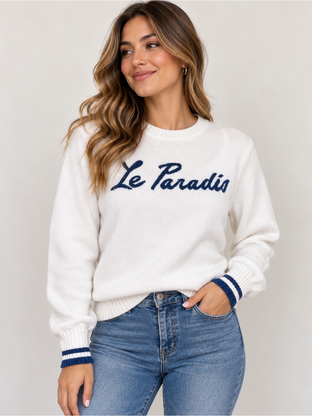 Trovata White Crewneck Sweater with Navy Script & Stripe